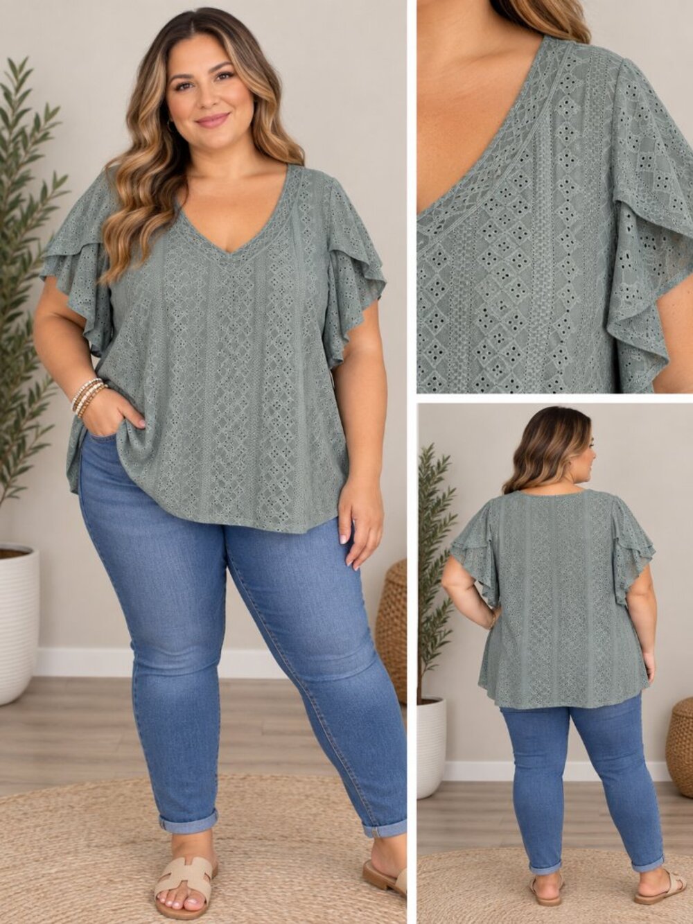 BloomChic Sage Green Eyelet V-Neck Flutter Sleeve Tunic Size 18-20